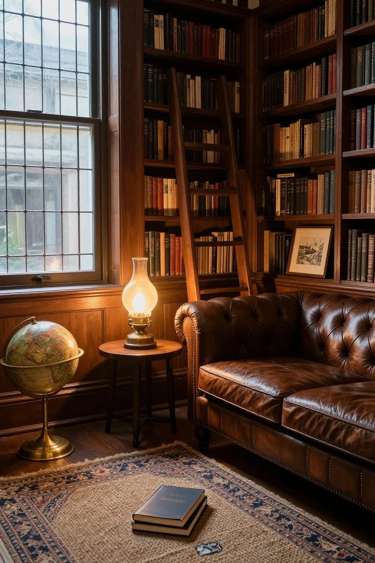 Cozy library with leather sofa, bookshelves, ladder, globe, and glowing oil lamp.