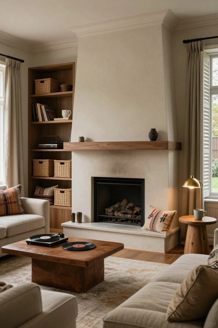 A living room featuring a plaster fireplace with wooden mantel, built-in wooden shelving filled with baskets and books to the left, and neutral upholstered seating around a leather coffee table.