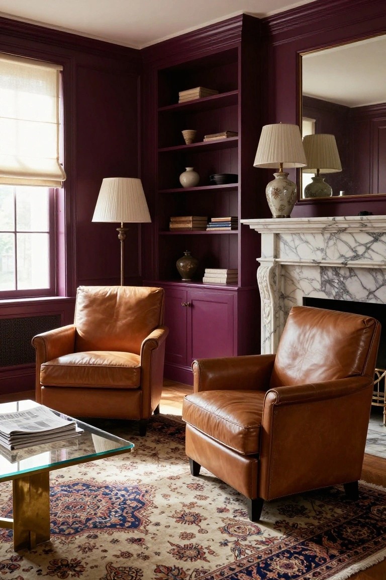 A living room with deep purple walls, built-in bookshelves flanking a marble fireplace, two brown leather armchairs, a glass coffee table, and a patterned rug.