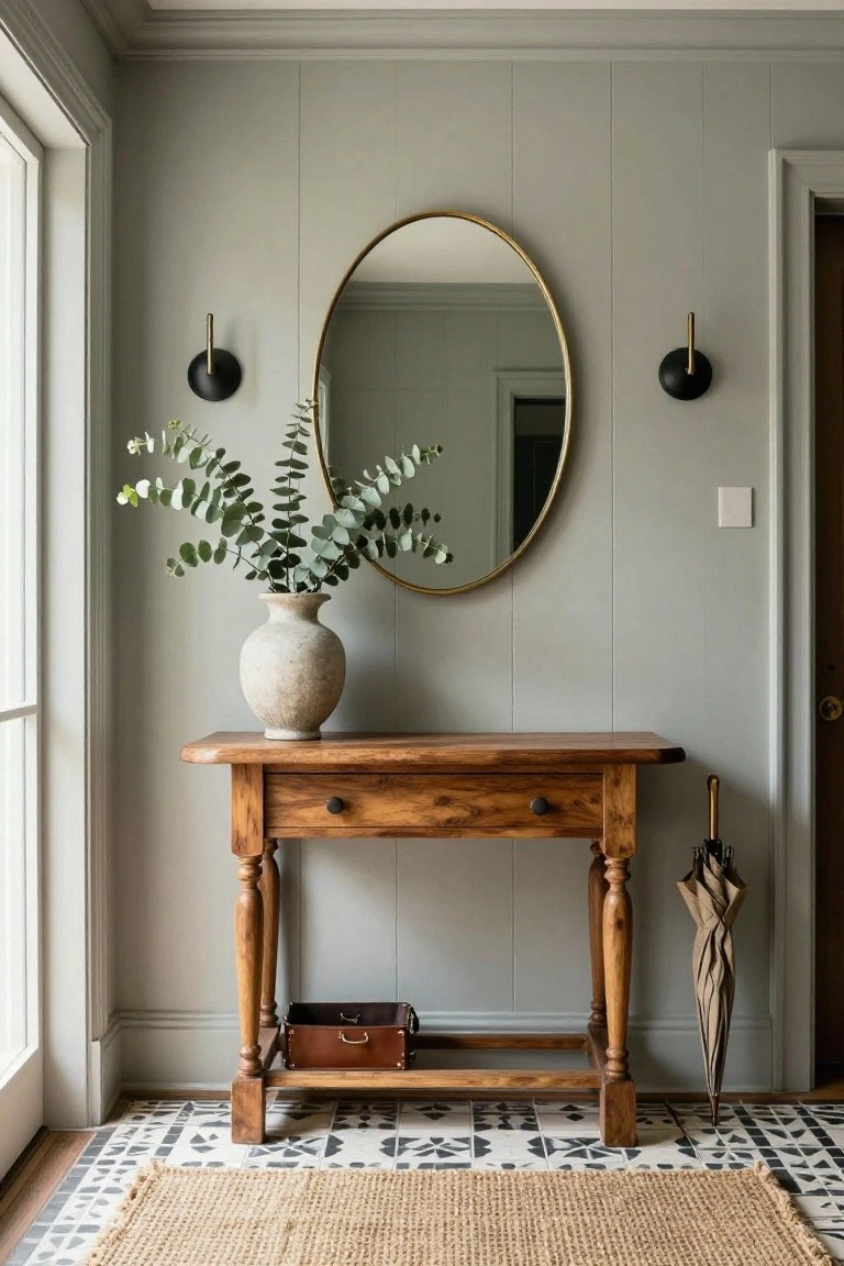 A wooden console table sits below a round gold-framed mirror on a gray paneled wall, with a stone vase of greenery on top and a small trunk stored underneath.
