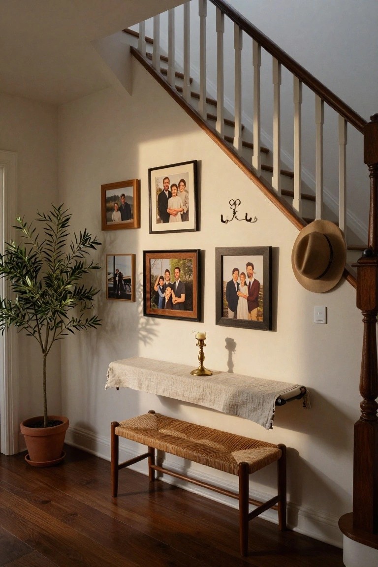A stairwell wall displays multiple framed family photographs above a woven bench with a linen runner and a potted plant to the left.