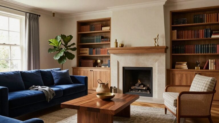 18 Inviting Modern Traditional Interior Ideas That Feel Rich in Character A living room with a blue velvet sectional sofa, wooden coffee table, built-in bookshelves flanking a fireplace with wood paneling above it.