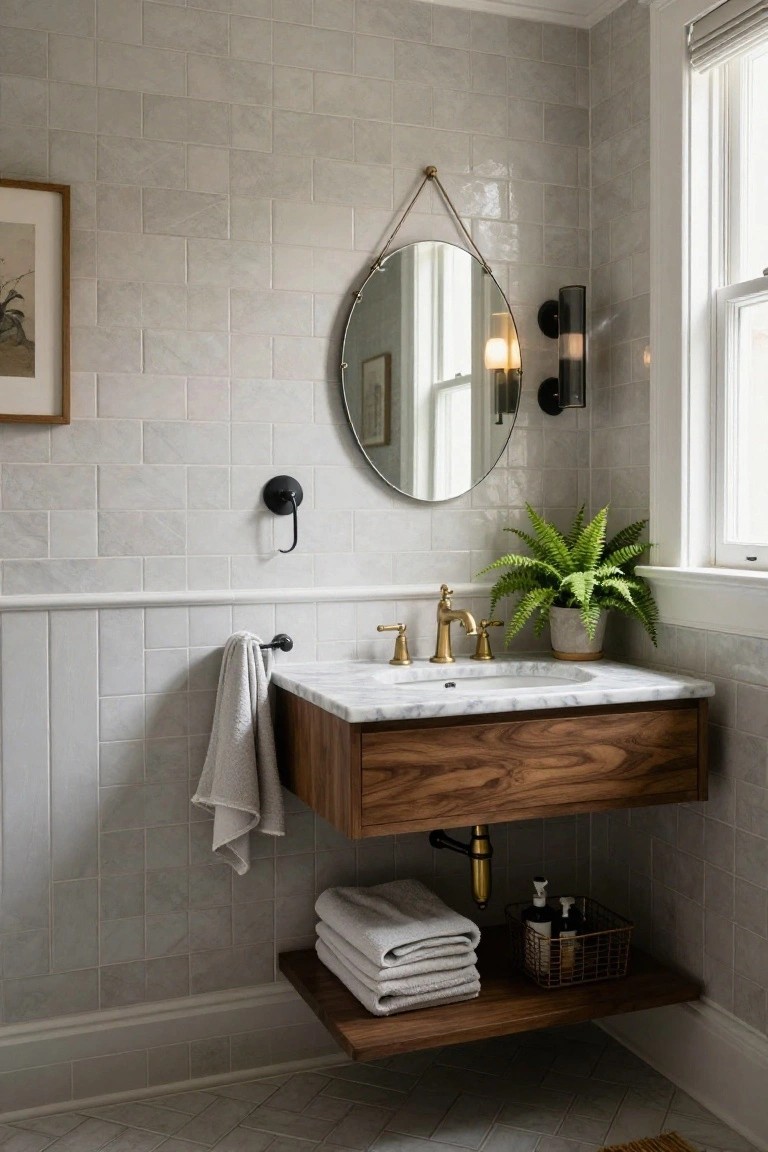 A bathroom featuring a floating wood vanity with a white marble top, brass faucet, round hanging mirror, and an open lower shelf holding folded towels and a wire basket.
