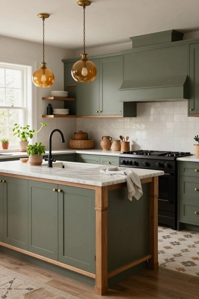 A kitchen interior with sage green cabinets, a marble countertop island on a wood base, black range, and amber glass pendant lights.