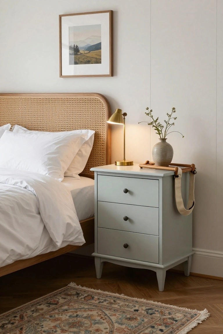 A light blue three-drawer nightstand with curved legs sits beside a wooden bed with a cane headboard, topped with a brass lamp and a ceramic vase holding greenery.