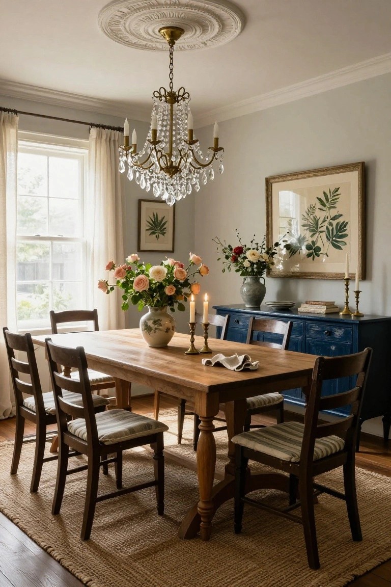 Wooden dining table with striped chairs under crystal chandelier beside blue sideboard with flowers