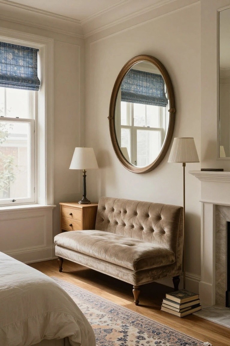 A bedroom corner featuring a beige tufted velvet bench beneath a round framed mirror, with two lamps on either side, a wooden chest, and a partial view of a bed and fireplace.