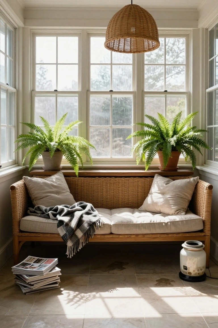 A wicker sofa with beige cushions and a plaid throw sits in front of three large windows, with potted ferns on the sill and a stack of magazines on the tiled floor.