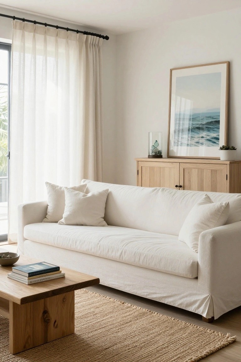 A living room with a white slipcovered sofa, wooden coffee table on a jute rug, sheer curtains, and a framed ocean print above a light wood cabinet.