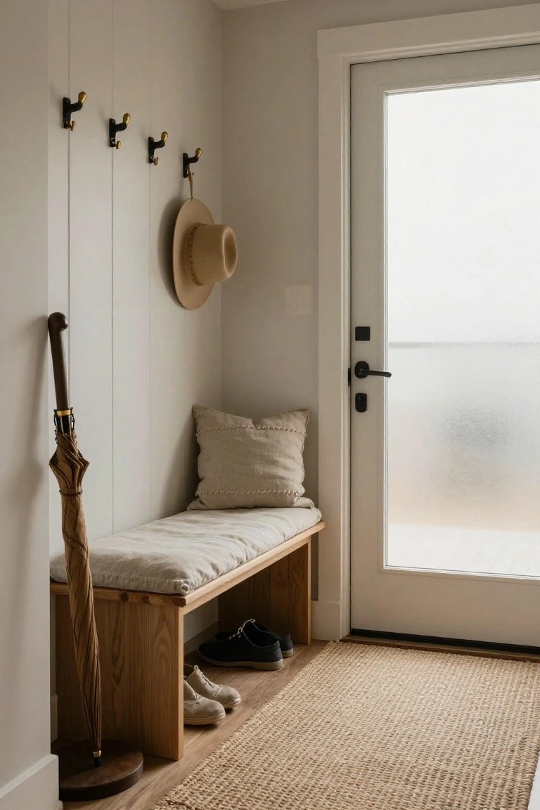 A light wood bench with a neutral cushion sits against a white wall under black and brass hooks, with shoes stored underneath and a door visible on the right.