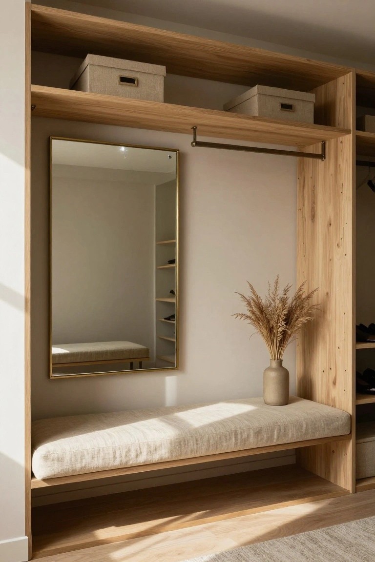 A light wood built-in storage area featuring a long cushioned bench, a gold-framed mirror on the left, open shelves with storage boxes, and a hanging rod above the bench.