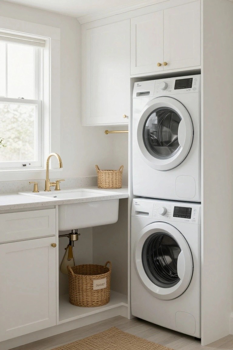A laundry room featuring white built-in cabinets with a stacked washer and dryer unit beside a farmhouse sink with brass fixtures.