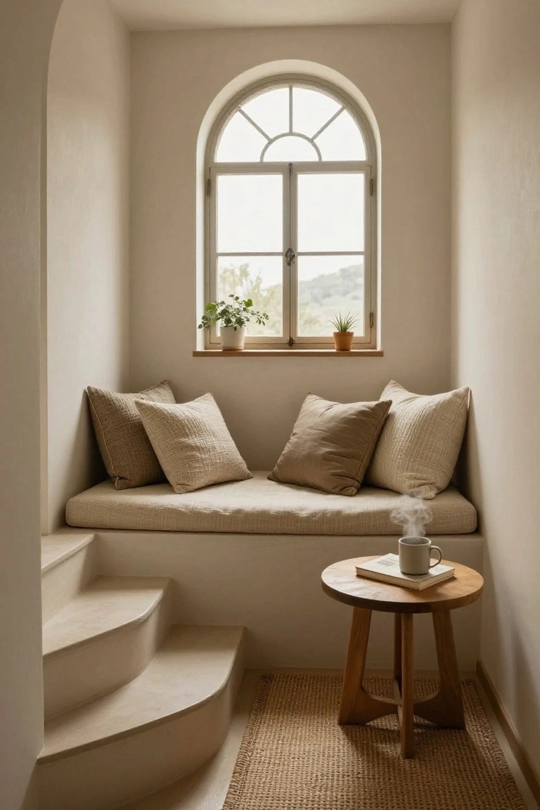 Interior view of a built-in window seat beneath an arched window, with beige cushions on the bench and a small wooden table holding a mug and book.