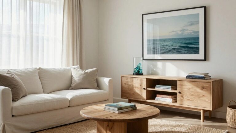 19 Minimalist Coastal Interior Design Ideas for a Clean and Airy Look A living room with a white slipcovered sofa, wooden coffee table on a jute rug, sheer curtains, and a framed ocean print above a light wood cabinet.