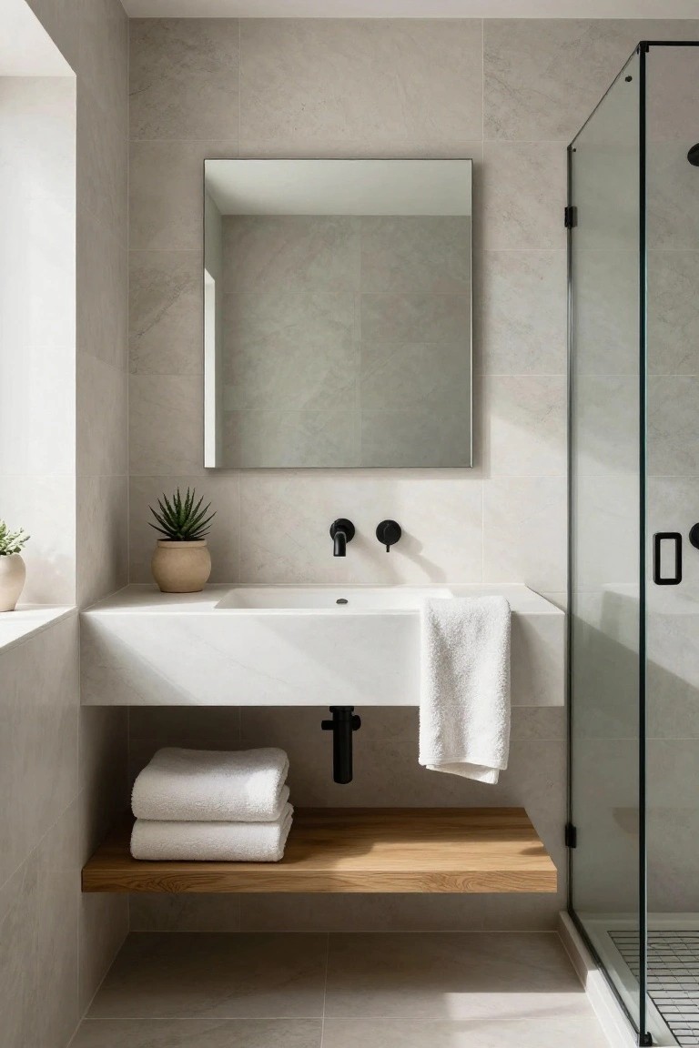 A modern bathroom features a white floating sink on a light tiled wall, with a wooden shelf below holding stacked white towels and a small potted plant to the left.