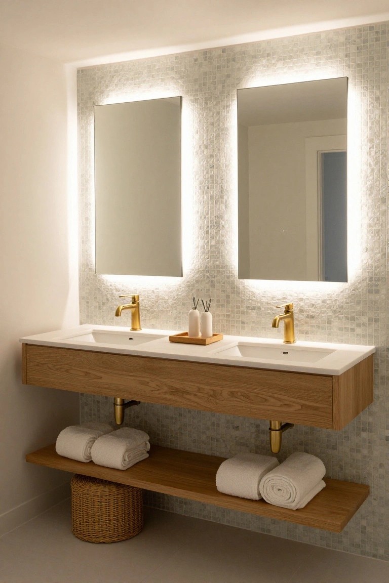 A double floating wood vanity with white sinks, gold faucets, backlit mirrors, and an open lower shelf holding folded towels and a woven basket.