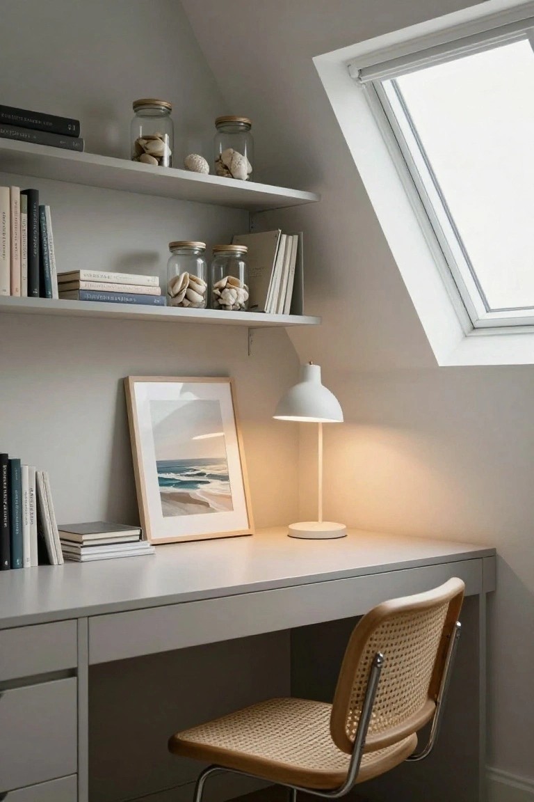 A minimalist white desk with a woven chair sits below white floating shelves holding glass jars of shells, books, and a framed beach photo, with a lit white lamp on the desk.