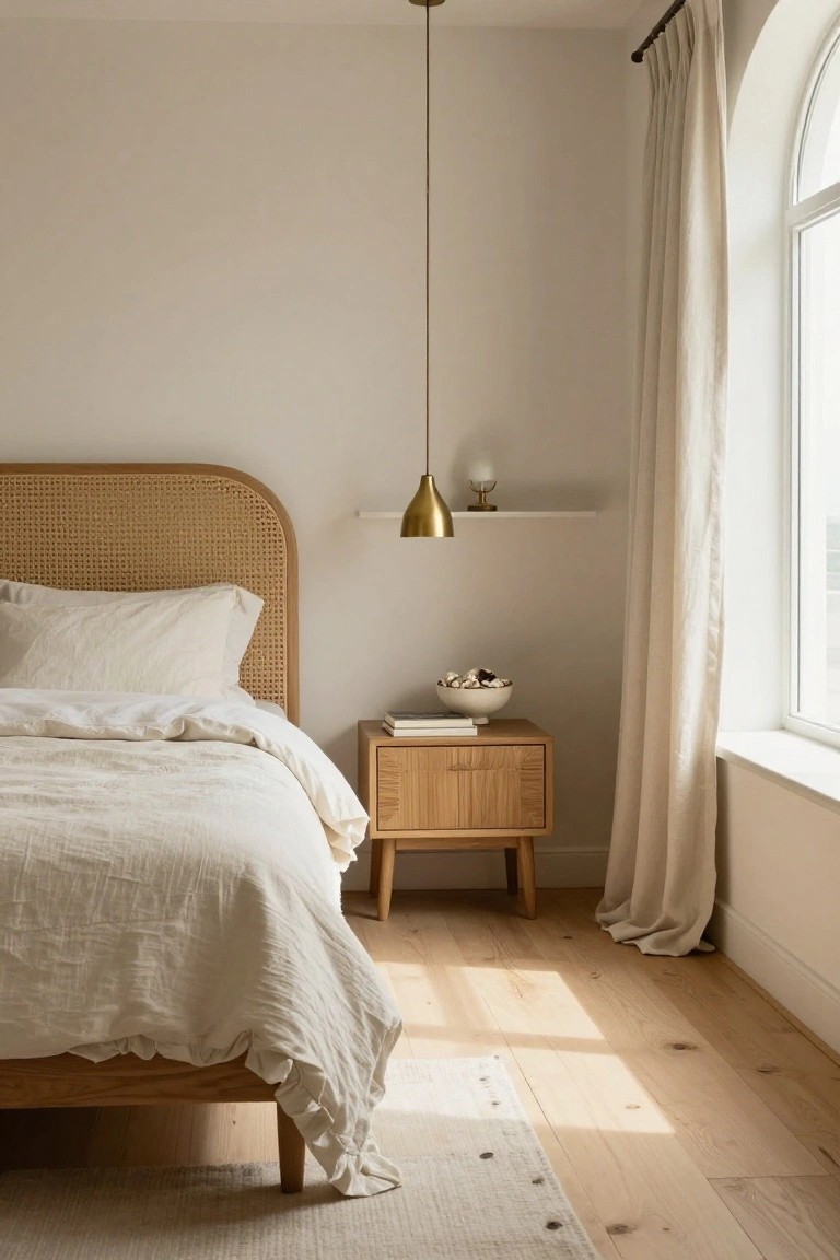 A bedroom with a rattan headboard bed dressed in white linens, a light wood nightstand holding books and a bowl, a brass pendant light, and a window with white curtains.