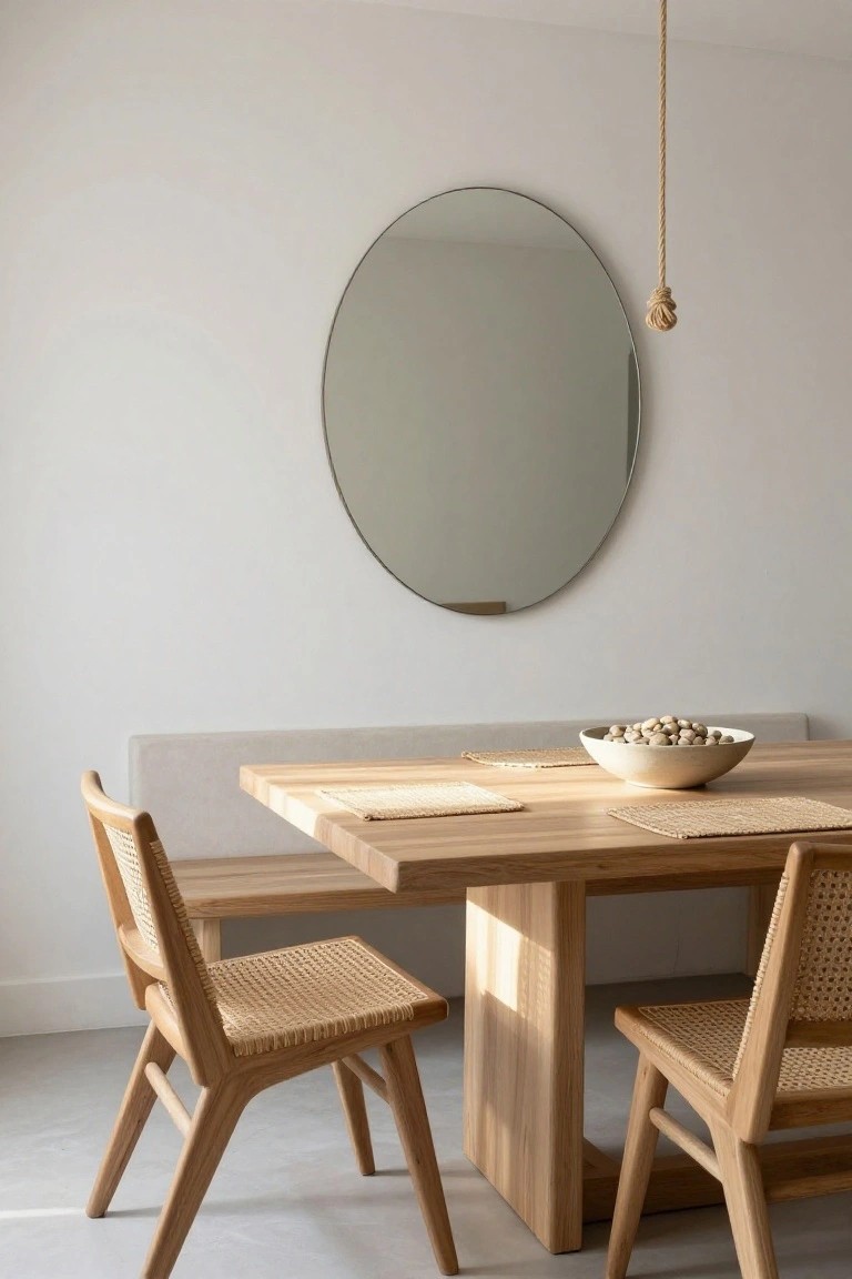 A light wood dining table with woven cane chairs sits below a large round mirror on a white wall, with a rope-hung pendant light visible to the side.
