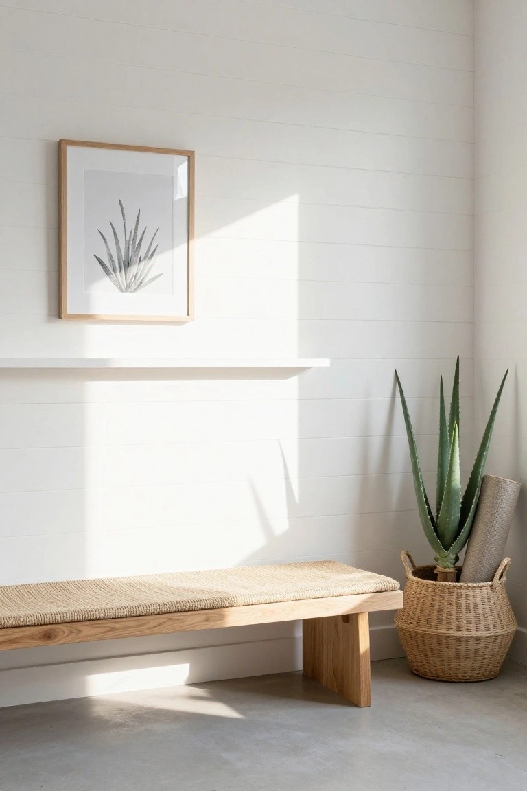 A light wood bench with a woven natural fiber seat sits against a white paneled wall beneath a framed botanical print, next to a woven basket holding a tall aloe plant.