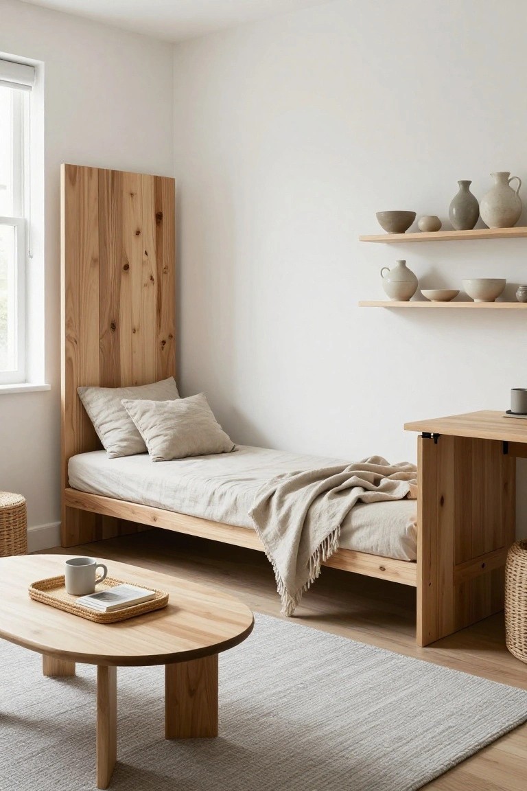 A minimalist bedroom with a low wooden platform bed against a tall vertical wood headboard panel, floating shelves holding ceramic vessels, and a round wooden coffee table on a gray rug.