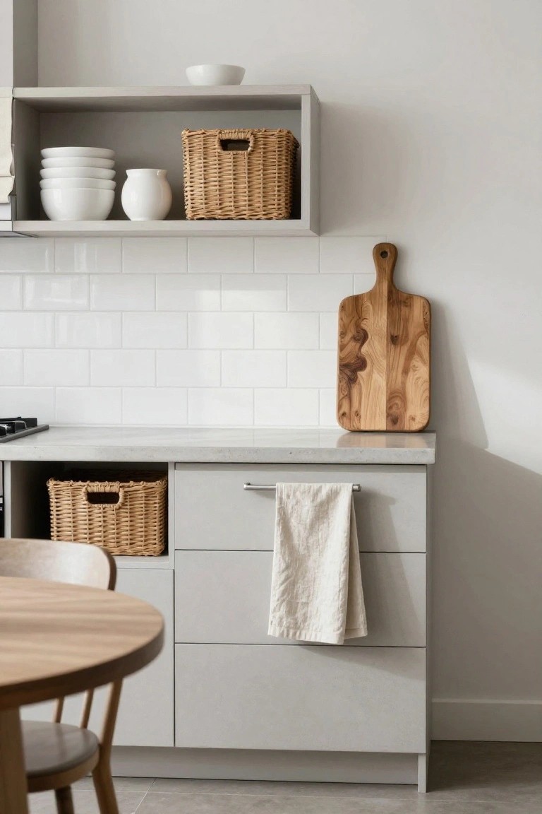 A kitchen corner with light gray cabinets, white subway tile backsplash, an open shelf holding white bowls and a basket, and a wooden cutting board on the counter.
