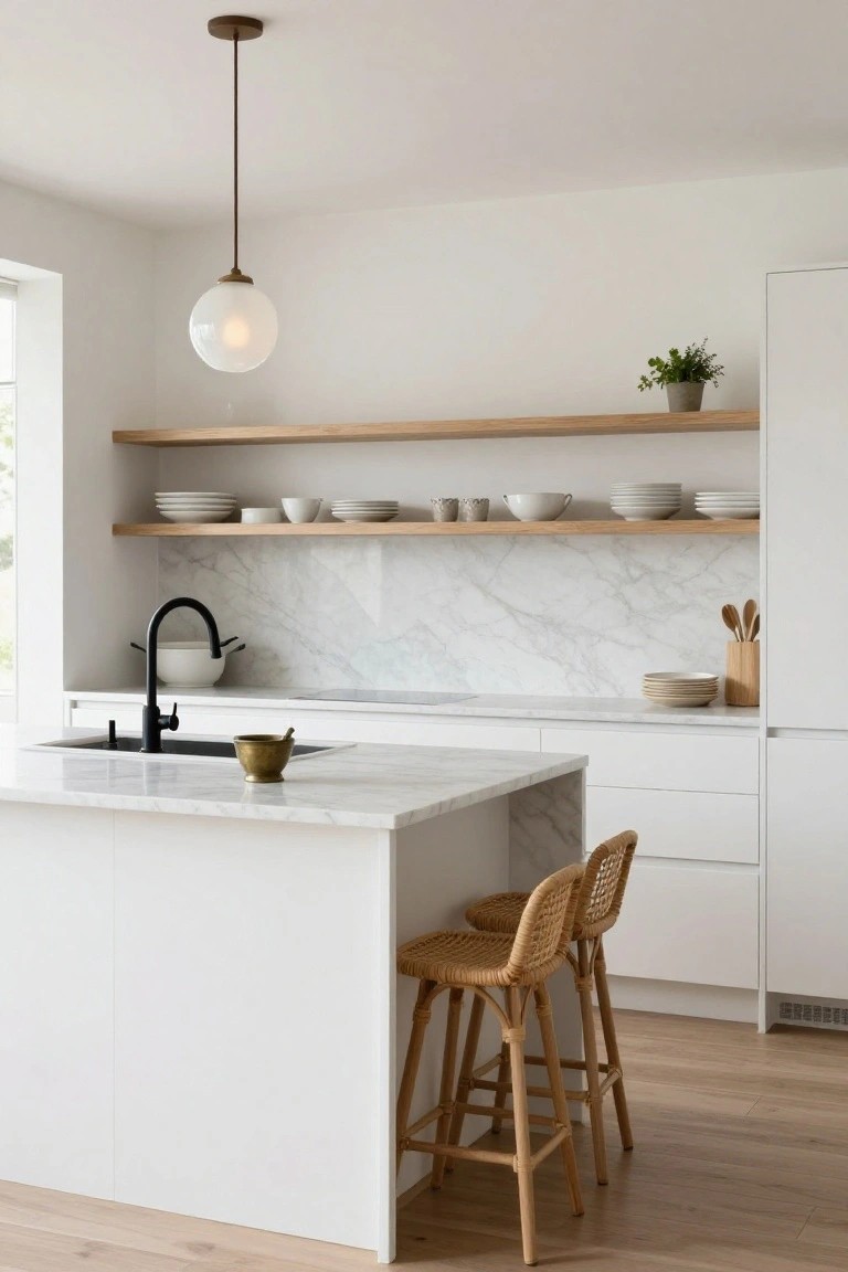 A bright minimalist kitchen with white cabinets, marble backsplash and counters, open wooden shelves holding white dishes, a marble island with two woven stools, and a black faucet under a glass pendant light.