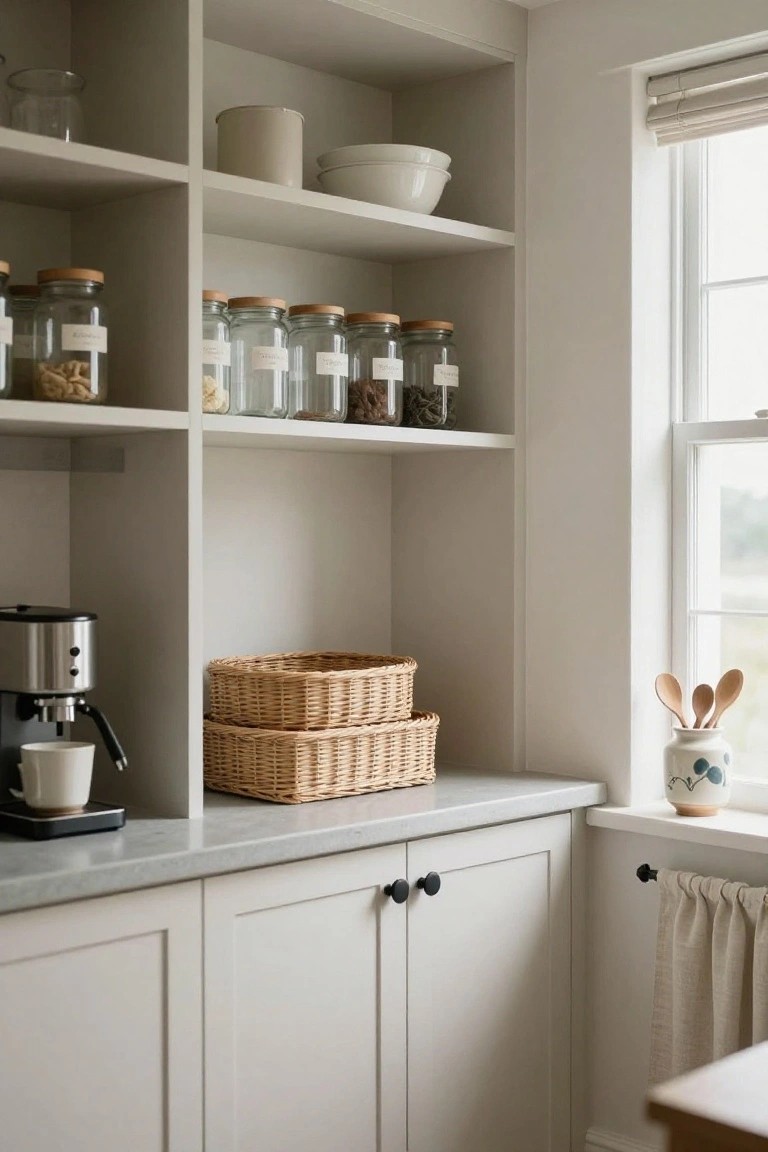 White open shelves above lower cabinets hold rows of labeled glass jars and two stacked woven baskets, with a coffee maker and cup on the counter to the left.