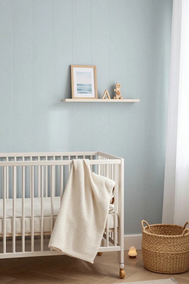 A white crib with a cream blanket in a room with light blue walls and a wooden shelf holding a framed print and wooden toys.