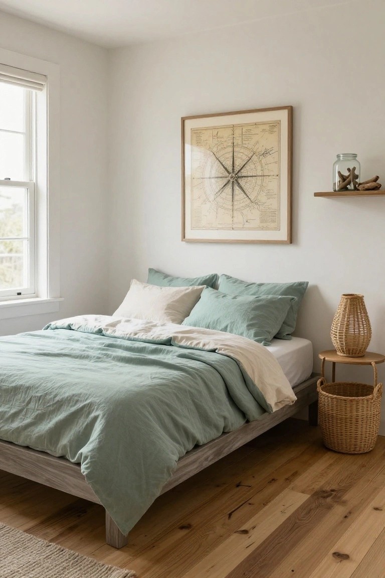 A minimalist bedroom with a low wooden bed made with seafoam green and white linens, a framed compass chart above the headboard, and a window on the left side.