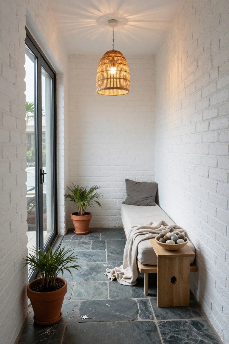 A narrow outdoor seating nook with a low wooden bench against white brick walls, a gray cushion, a beige throw, and potted plants on dark stone flooring.