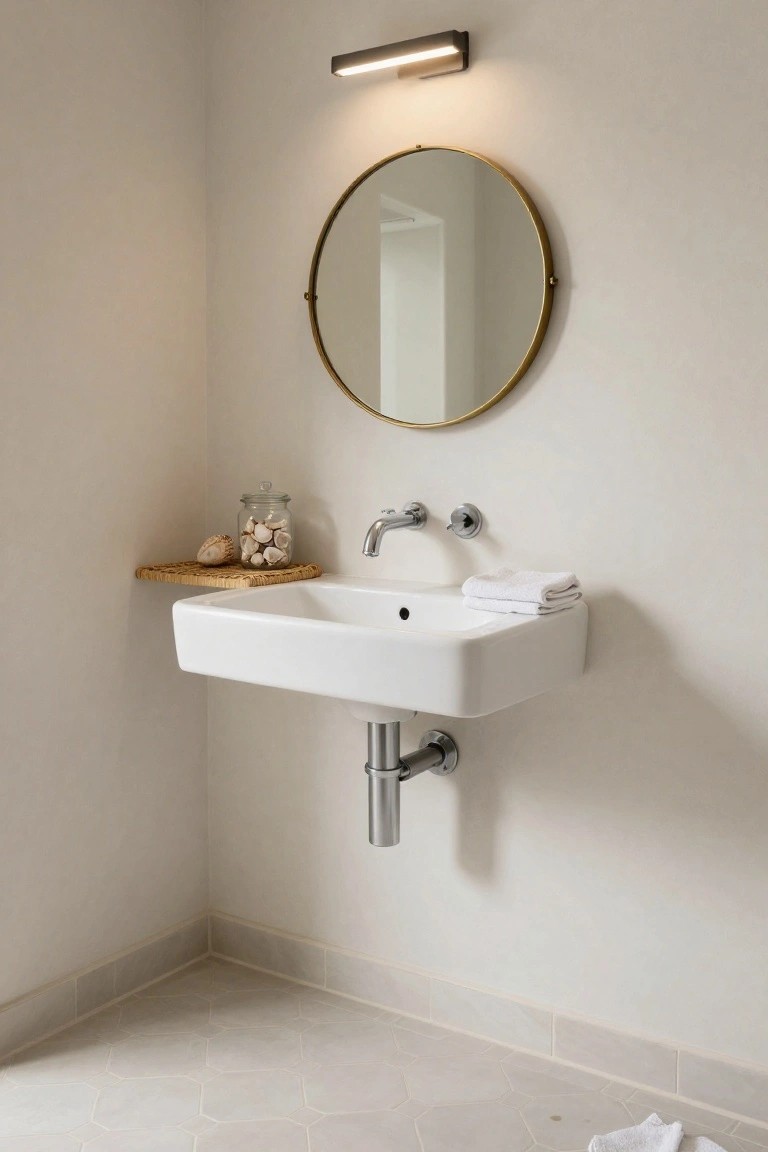 A white wall-mounted sink sits below a round gold mirror in a light minimalist bathroom, with a small woven shelf holding a glass jar of shells to the left.