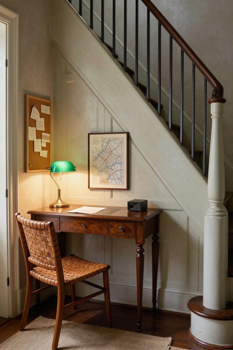 A wooden desk with a woven chair set under a staircase, accompanied by a green lamp, a framed map, and a corkboard on the adjacent wall.