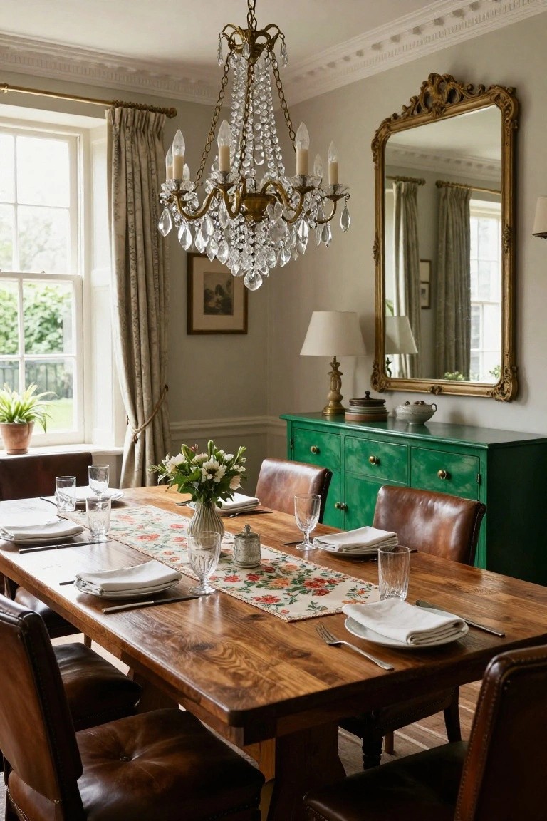 A formal dining room features a long wooden table set with white linens and glassware, surrounded by brown leather chairs, a crystal chandelier overhead, and a green sideboard with an ornate gold mirror above it.