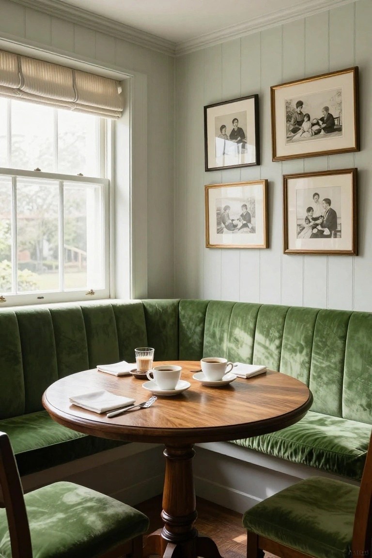 A corner with a curved green velvet banquette, round wooden table set with coffee cups, and framed photos on the wall beside a window.