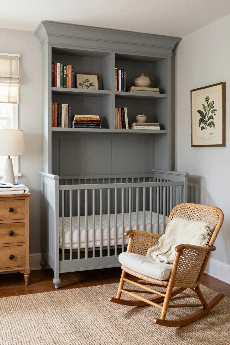 A gray built-in bookcase with books above a matching crib in a nursery, with a wooden rocking chair on a woven rug nearby.