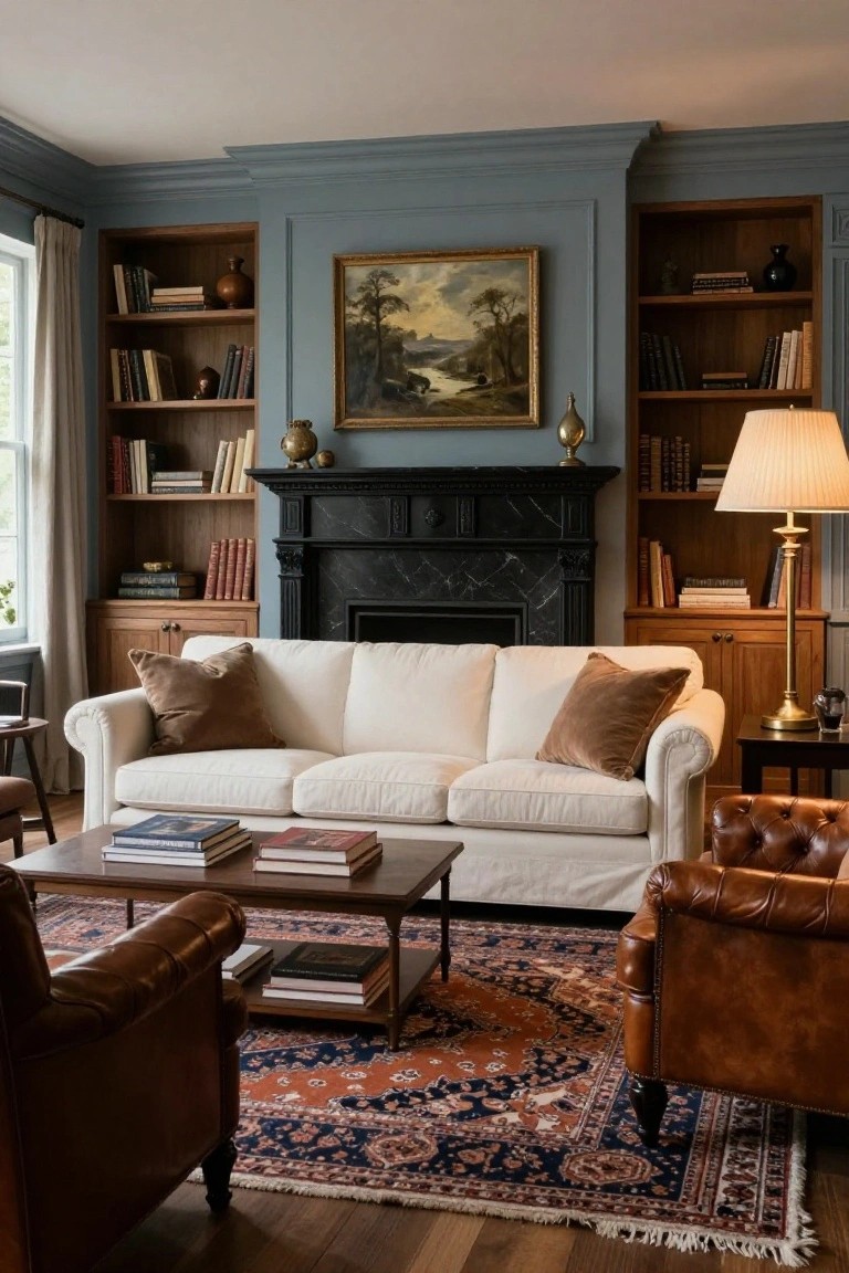 A living room with a white sofa facing a black marble fireplace, flanked by wooden built-in bookshelves, and two brown leather armchairs in the foreground on a patterned rug.