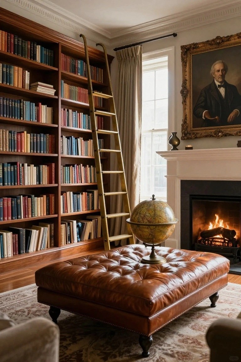 A home library featuring floor-to-ceiling wooden built-in bookshelves filled with books, a rolling ladder leaning against the shelves, a large brown leather ottoman with a globe on top, a fireplace, and a framed portrait above the mantel.