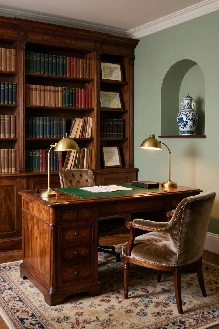 A wooden desk with a green top stands in front of tall built-in bookshelves filled with books, flanked by two upholstered chairs and brass lamps on a patterned rug.