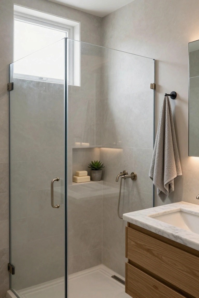 A modern bathroom shower with glass doors, a recessed niche holding soap bars and a small plant, and a wooden vanity with marble top visible to the right.
