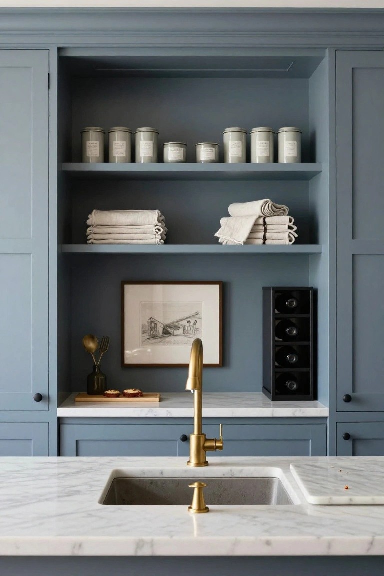 A kitchen interior with blue-gray built-in cabinetry featuring two open shelves holding canisters and stacked linens above a marble countertop and brass faucet.