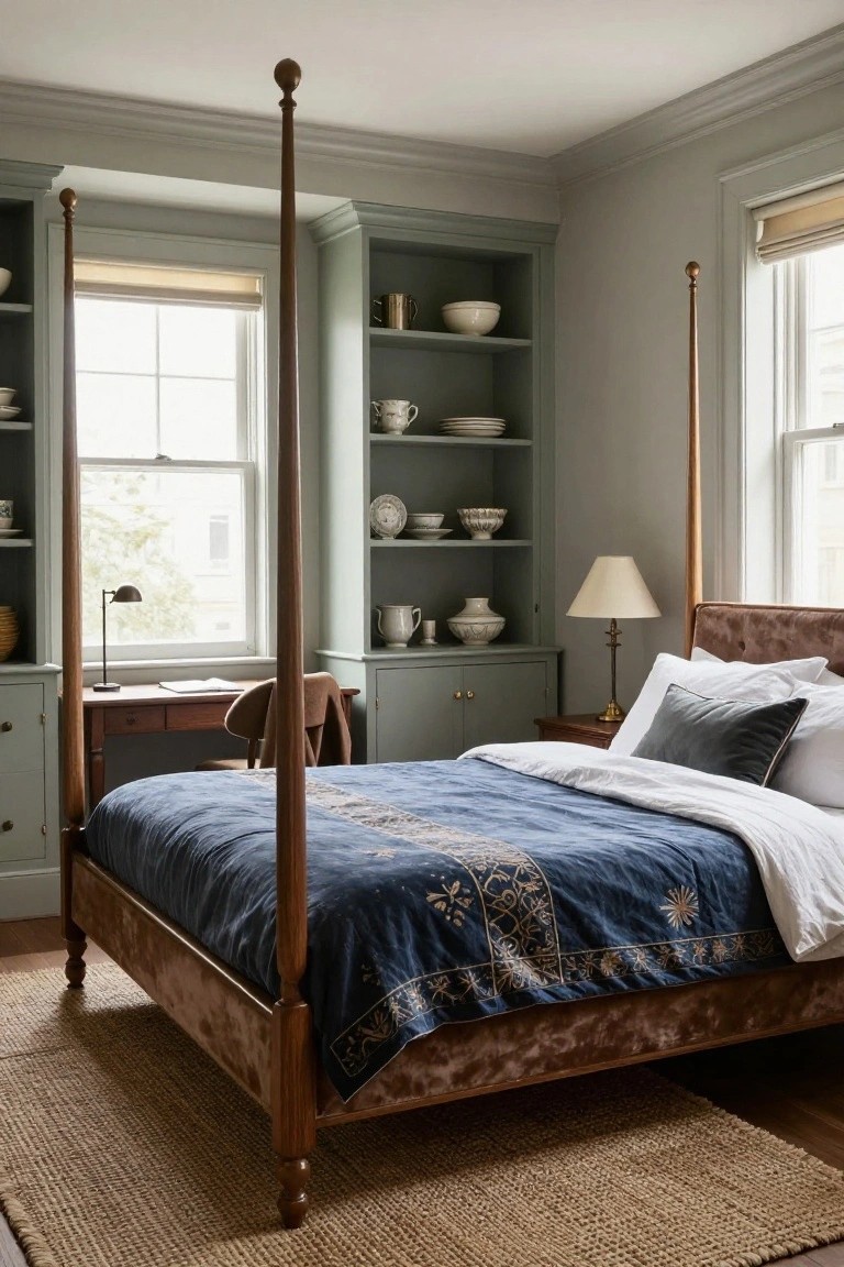 A bedroom with a four-poster bed covered in blue fabric, built-in green shelving holding neutral ceramics, and two windows with rolled shades.