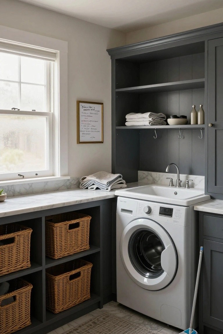 Gray laundry room with marble counters, white washer and sink, wicker baskets.