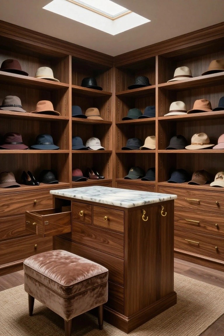 A walk-in closet featuring dark wood built-in shelves filled with hats, a central island with a white marble top and brass-handled drawers, and a brown velvet ottoman on a woven rug.
