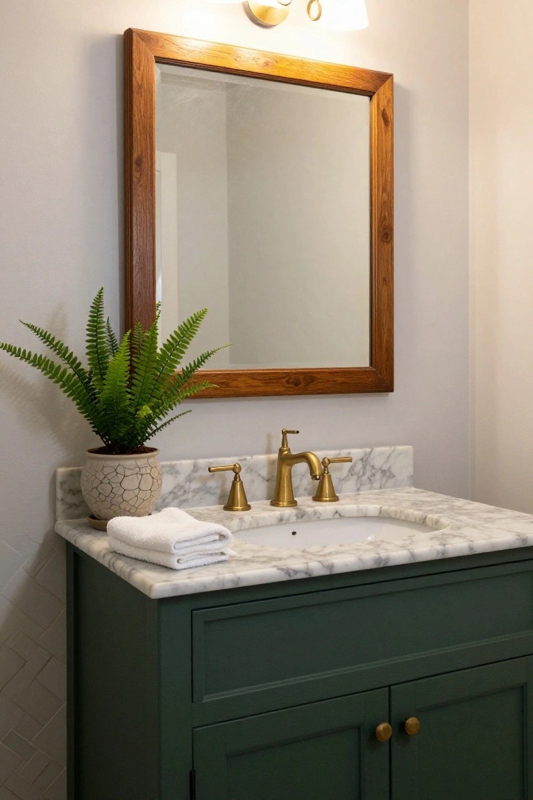 A bathroom vanity featuring a dark green cabinet, white marble countertop, brass faucet and handles, a wooden framed mirror, and a potted fern on the left side of the counter.