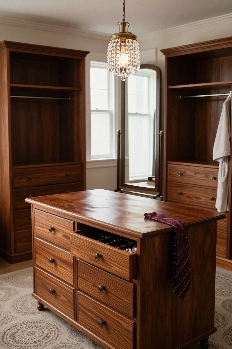 A wooden central island with multiple drawers in a traditional dressing room, one drawer open to show jewelry compartments, with built-in cabinetry and a crystal pendant light overhead.