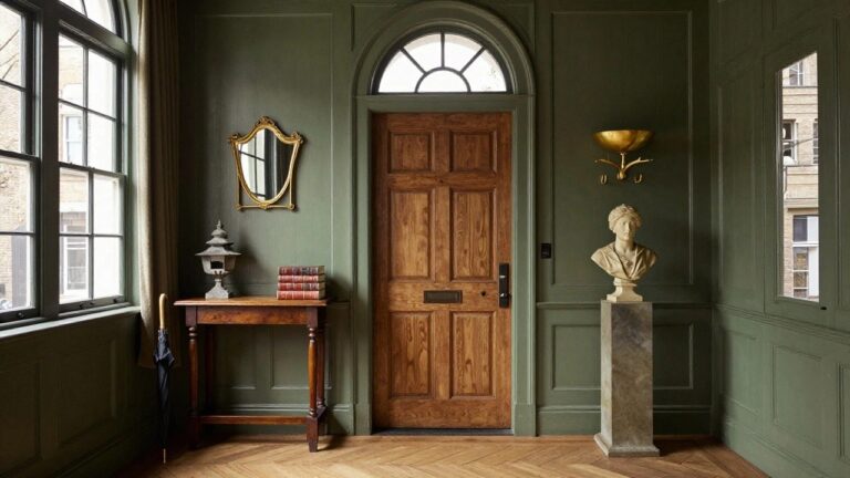 A green paneled entryway featuring a narrow wooden console table in front of a door, holding stacked books and a stone bust, with an umbrella stand nearby.