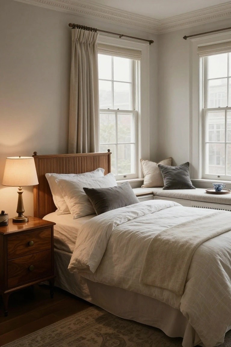 Cozy bedroom with wooden bed, white linens, gray pillows, and window seat.