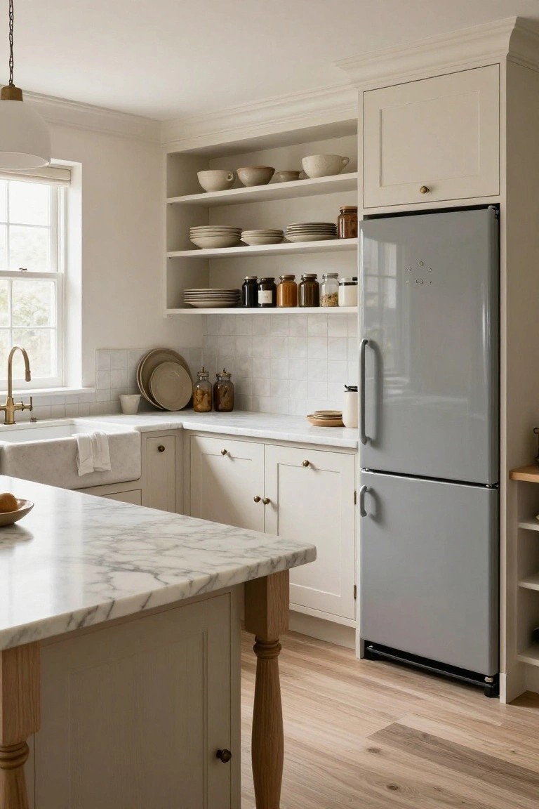A kitchen with cream cabinetry, open white shelves holding stacked dishes and glass jars, a gray refrigerator, and a marble countertop near a window.