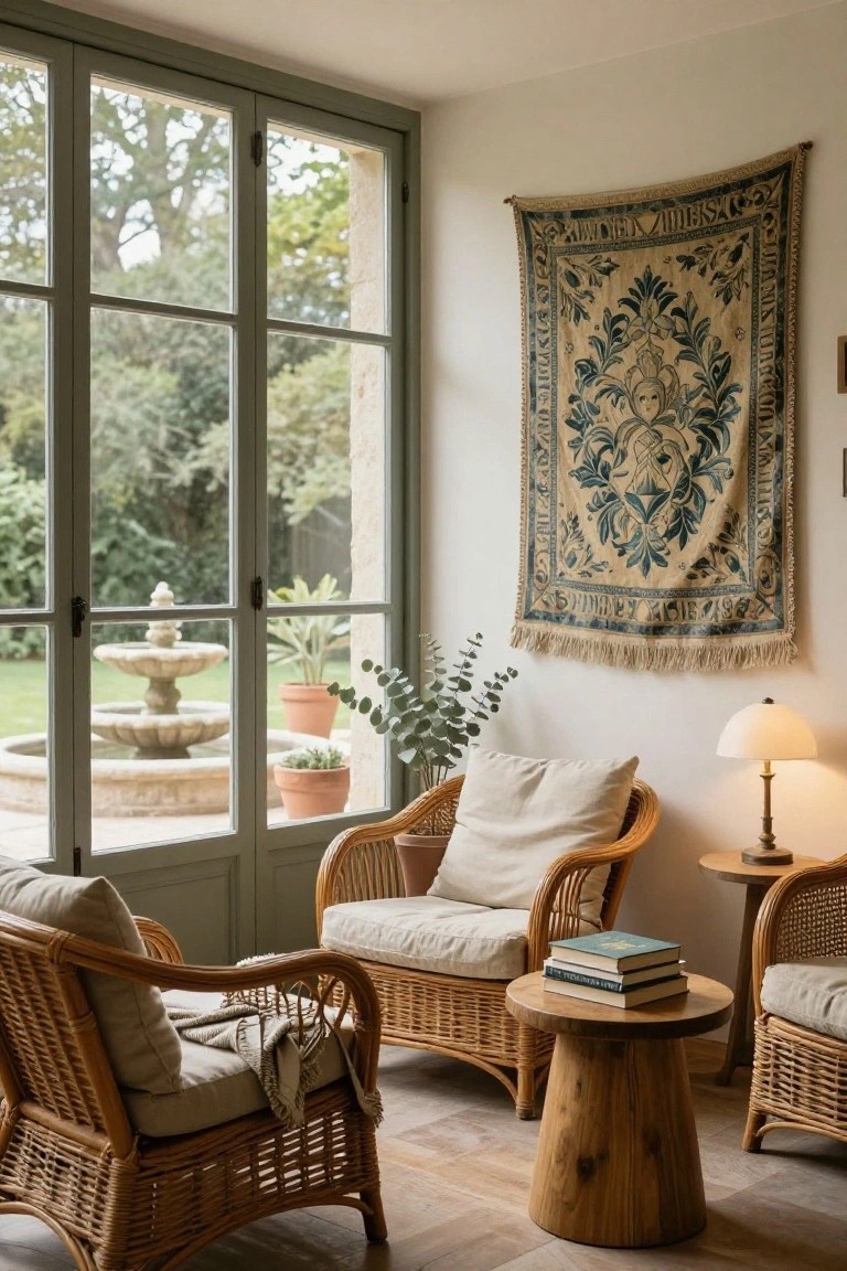 An indoor seating area with wicker armchairs and a settee around a wooden table, a large tapestry on the wall, and glass doors opening to a garden with a fountain.
